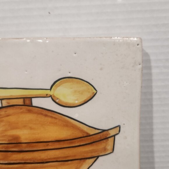 Vintage Kitchen Clay Tile Hand Painted with a Lidded Pot & Spoon Grazed 8.25" - Picture 3 of 8